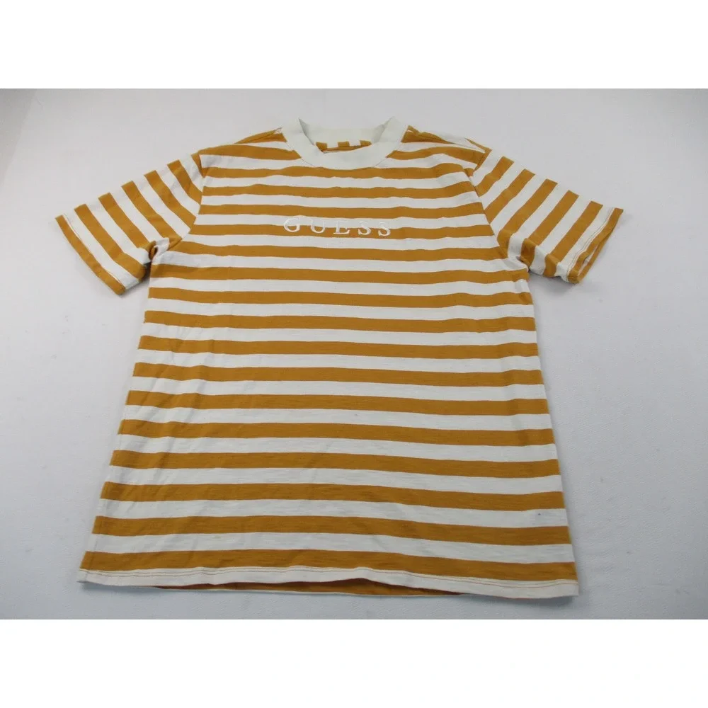 Guess Shirt Mens Medium Mustard Yellow Striped Originals Embroidered Logo Tee - Picture 3 of 10